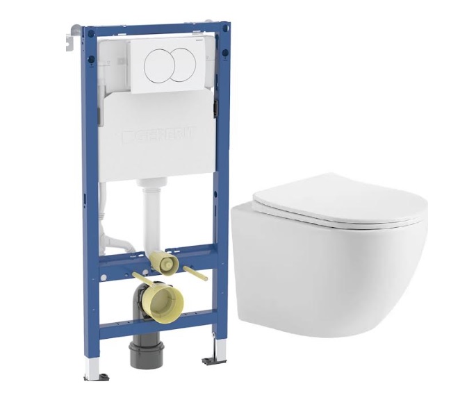 Комплект 4 в 1: инсталляция Geberit, крепеж, кнопка Delta01 белая + подвесной унитаз Vortex Flush 1