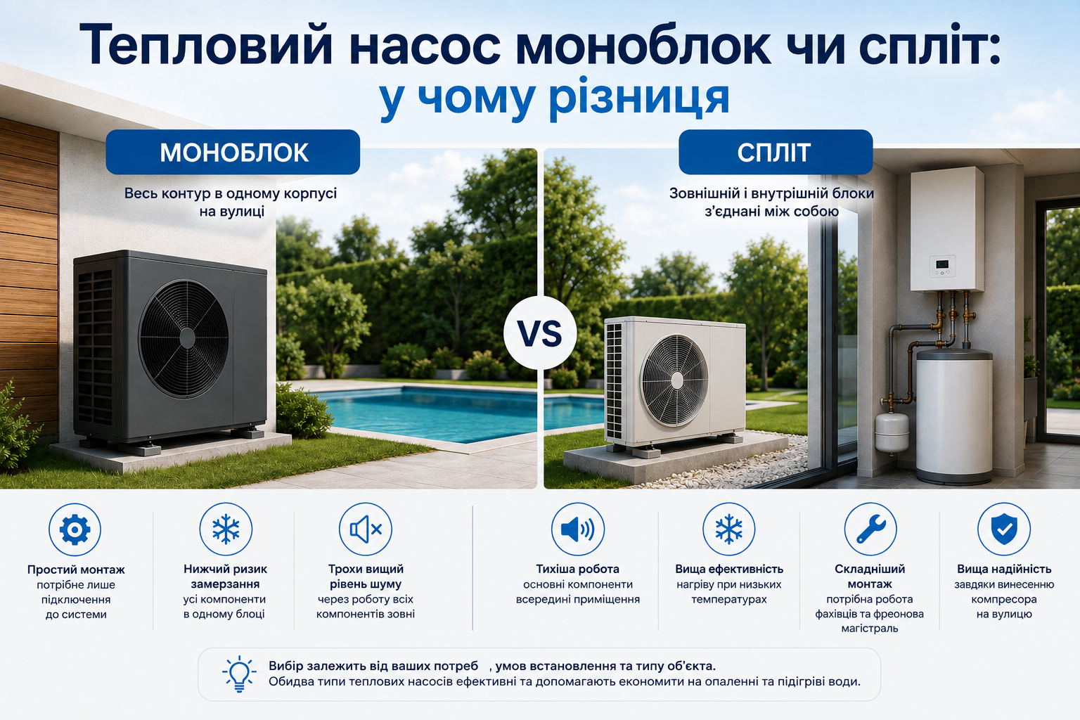 В чому різниця між тепловими насосами моноблок та спліт? В чому різниця між тепловими насосами моноблок та спліт?