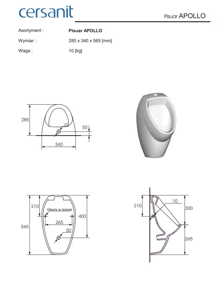 Пісуар Cersanit Appollo A101 підведення води зверху 30x56 см 2