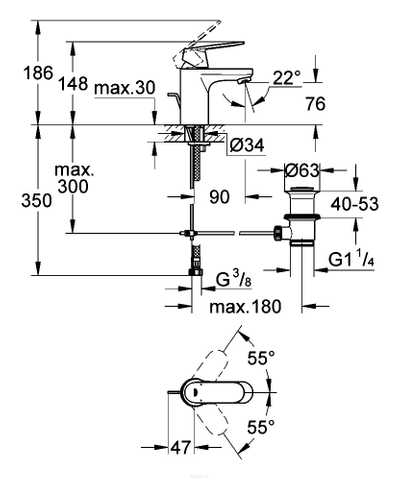 Змішувач  Grohe Eurosmart Cosmopolitan для умивальника S-Size з донним клапаном 2