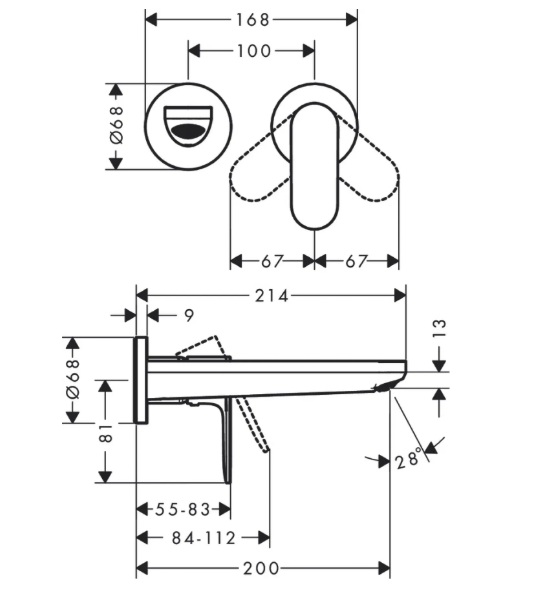 Наружная часть смесителя Hansgrohe для раковины со стены (отдельно скрытая часть) 3