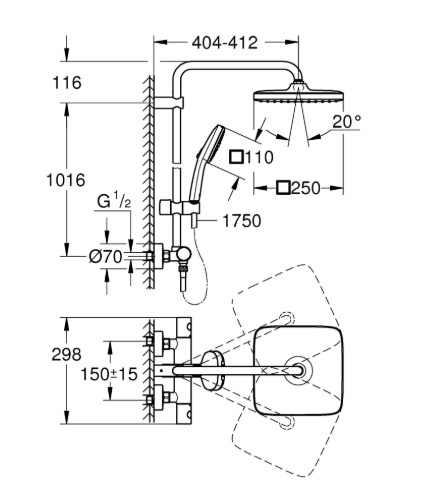 Душевая система с термостатом Grohe Tempesta System 250 Cube для настенного монтажа 5