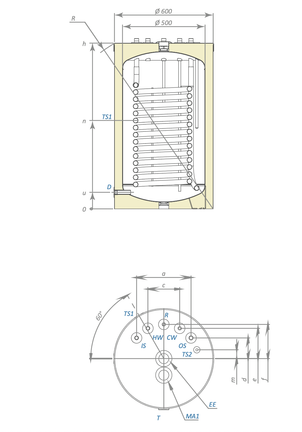 Бойлер непрямого нагріву 150л, 1 змійовик 1,52м2, виходи вгору, монтаж під котлом
